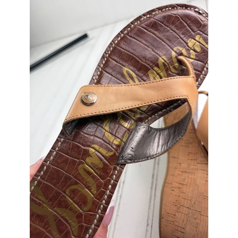 Sam Edelman Tan Leather Cork Romy Wedge Thong Platform Sandals Women's Size 7.5